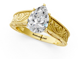 Yellow gold Pear Cut Solitaire Engraved Band with Four-Prong Setting_63