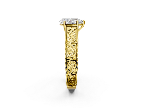 Yellow Gold Pear-Shaped Vintage Solitaire Engagement Ring Setting with Leaf Scroll Engraved Band