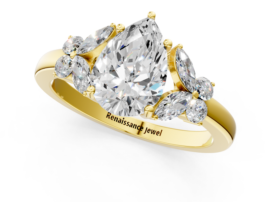 Yellow gold Pear Cut Solitaire Floral Diamond Ring with Four-Prong Setting