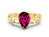 Yellow gold Pear Cut Solitaire Garnet Leaf-Inspired Vine Band Ring with Prong Setting