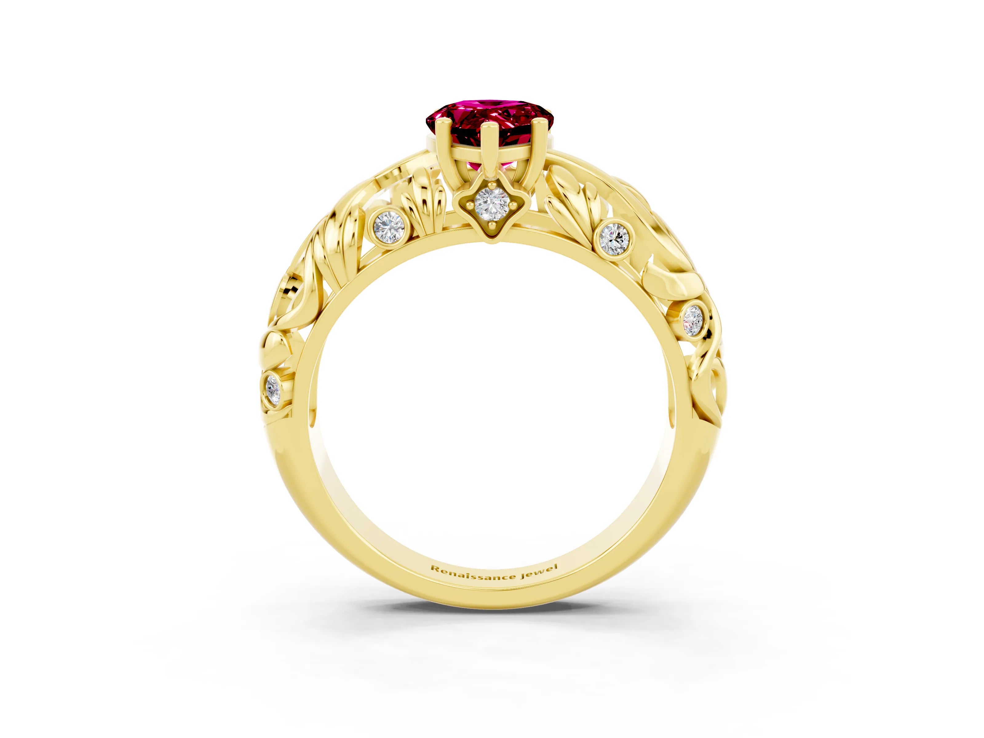 Yellow gold Pear Cut Solitaire Garnet Leaf-Inspired Vine Band Ring with Prong Setting_3
