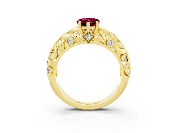 Yellow gold Pear Cut Solitaire Garnet Leaf-Inspired Vine Band Ring with Prong Setting