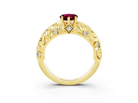 Yellow gold Pear Cut Solitaire Garnet Leaf-Inspired Vine Band Ring with Prong Setting_3