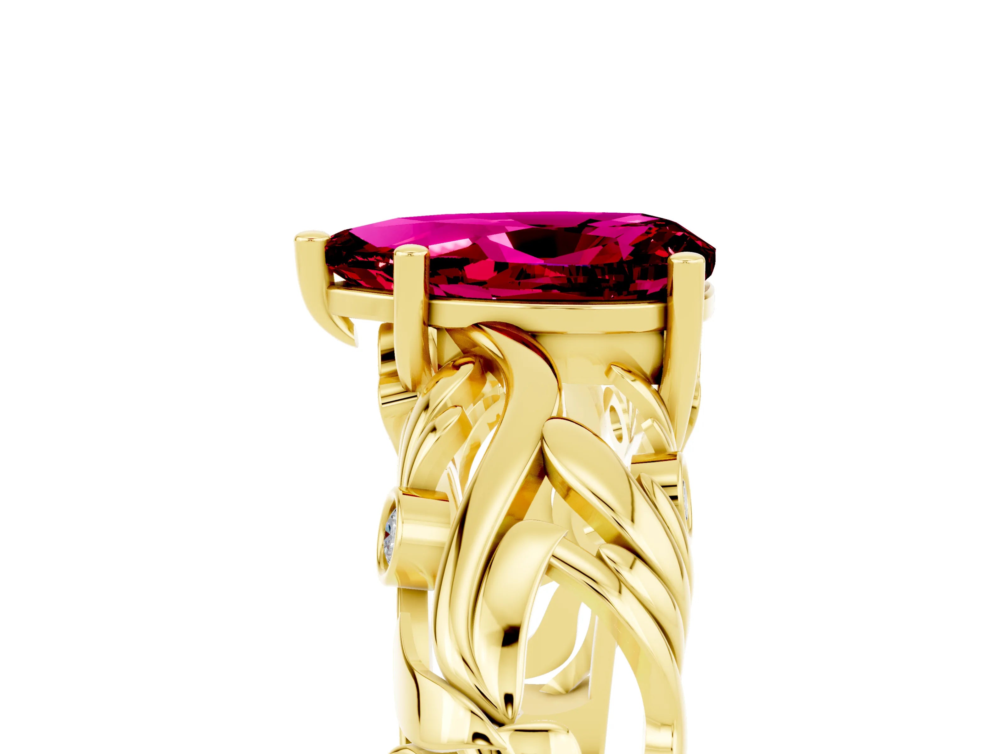Yellow gold Pear Cut Solitaire Garnet Leaf-Inspired Vine Band Ring with Prong Setting_5