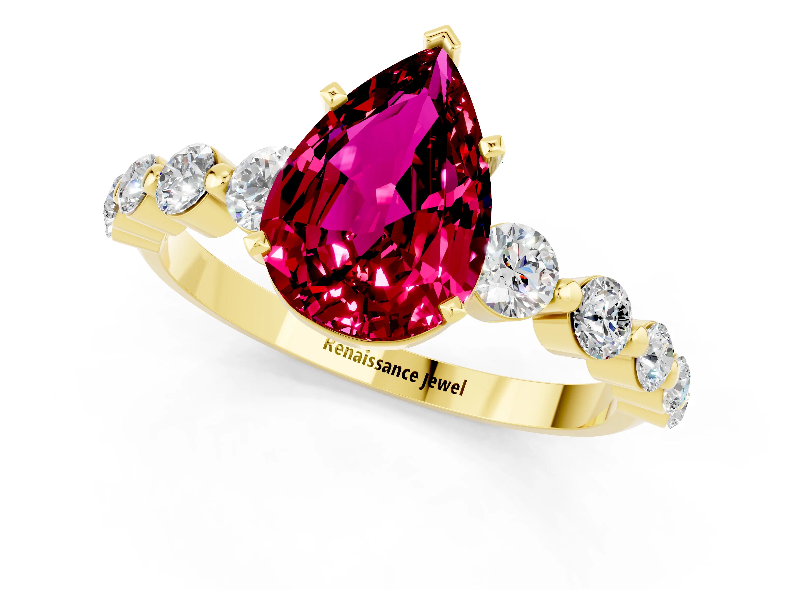 Yellow gold Pear Cut Solitaire Garnet Ring with Pave Band and Four-Prong Setting_1