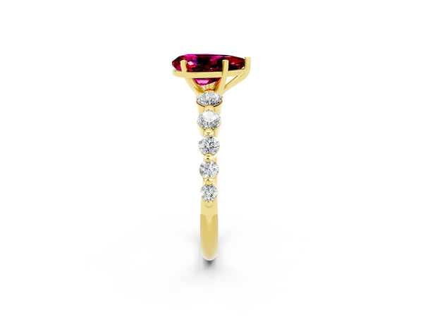 Yellow gold Pear Cut Solitaire Garnet Ring with Pave Band and Four-Prong Setting