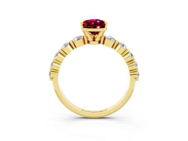 Yellow gold Pear Cut Solitaire Garnet Ring with Pave Band and Four-Prong Setting