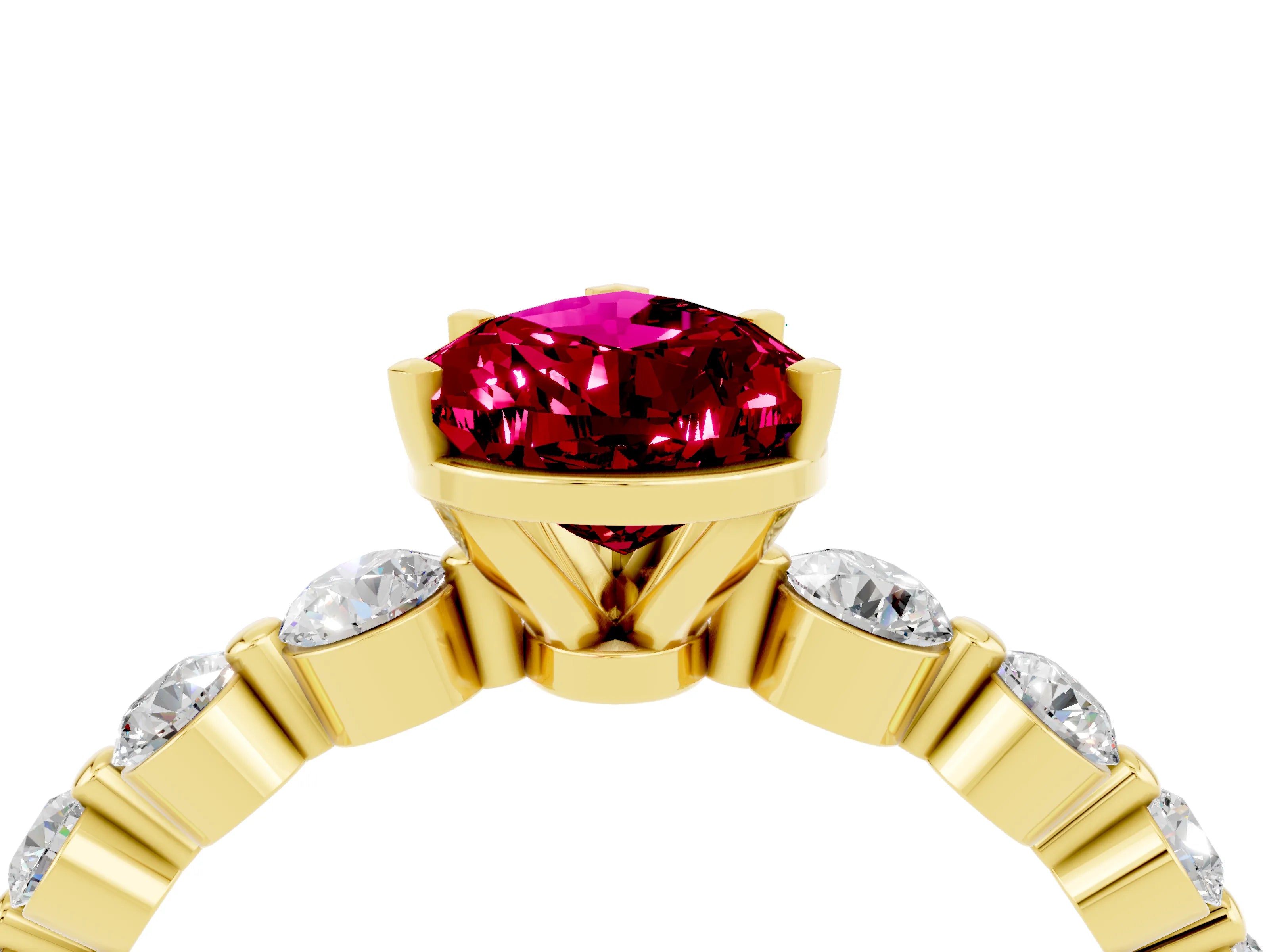 Yellow gold Pear Cut Solitaire Garnet Ring with Pave Band and Four-Prong Setting_4