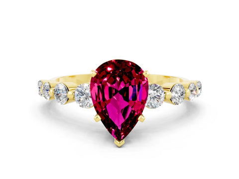Yellow gold Pear Cut Solitaire Garnet Ring with Pave Band and Four-Prong Setting