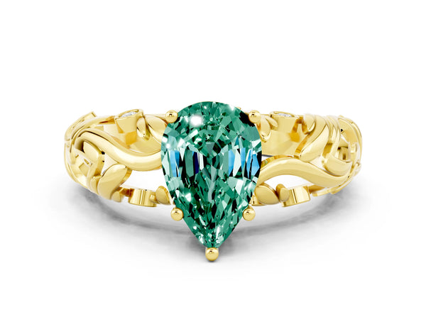 Yellow gold Pear Cut Solitaire Green Sapphire Leaf-Inspired Vine Band Ring with Prong Setting