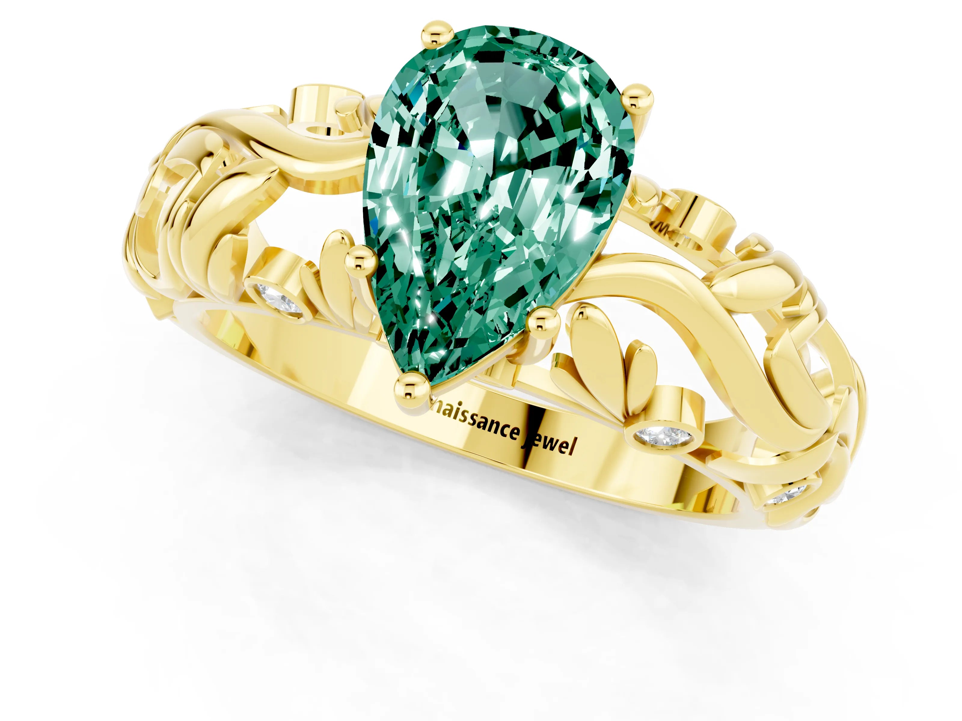 Yellow gold Pear Cut Solitaire Green Sapphire Leaf-Inspired Vine Band Ring with Prong Setting_1