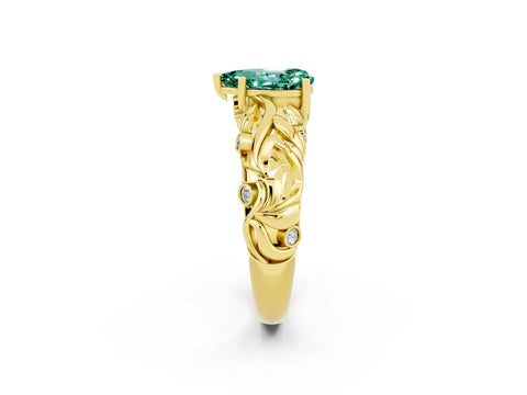 Yellow gold Pear Cut Solitaire Green Sapphire Leaf-Inspired Vine Band Ring with Prong Setting_2