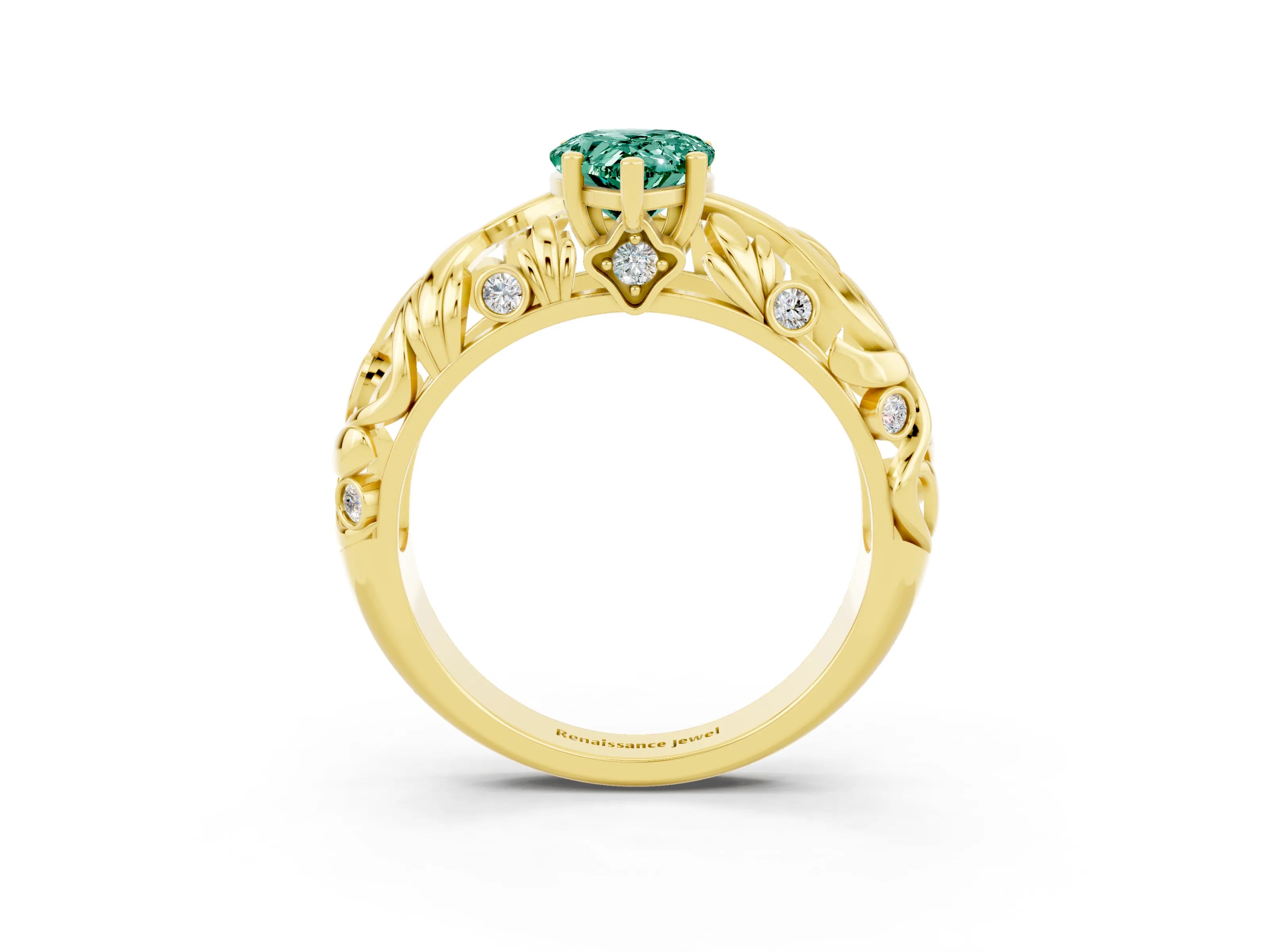 Yellow gold Pear Cut Solitaire Green Sapphire Leaf-Inspired Vine Band Ring with Prong Setting_3