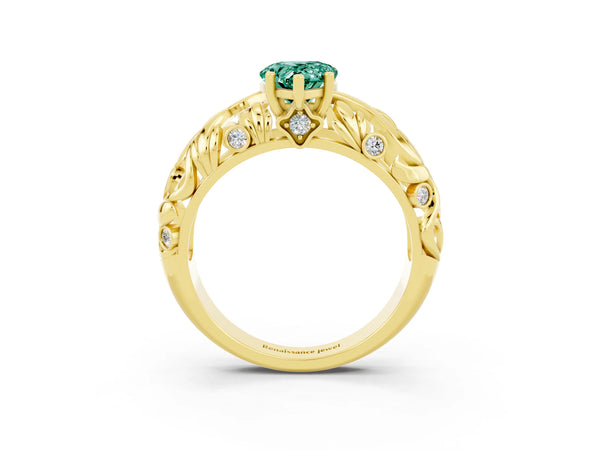 Yellow gold Pear Cut Solitaire Green Sapphire Leaf-Inspired Vine Band Ring with Prong Setting