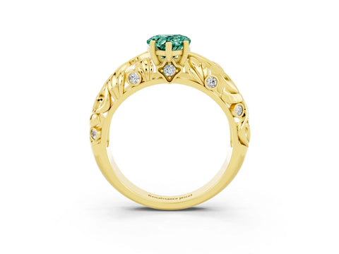 Yellow gold Pear Cut Solitaire Green Sapphire Leaf-Inspired Vine Band Ring with Prong Setting_3