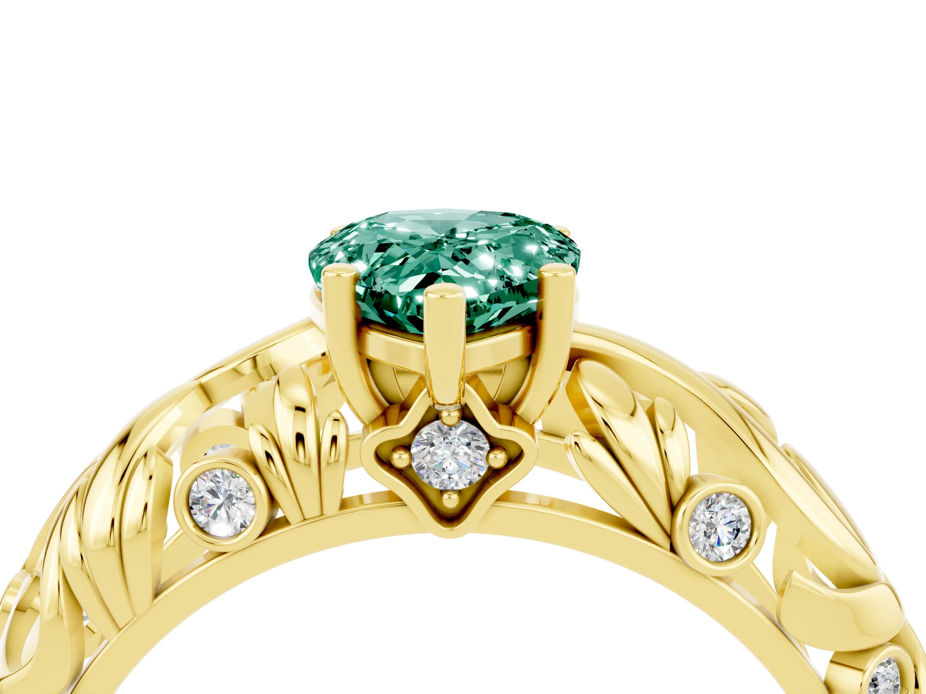 Yellow gold Pear Cut Solitaire Green Sapphire Leaf-Inspired Vine Band Ring with Prong Setting_4