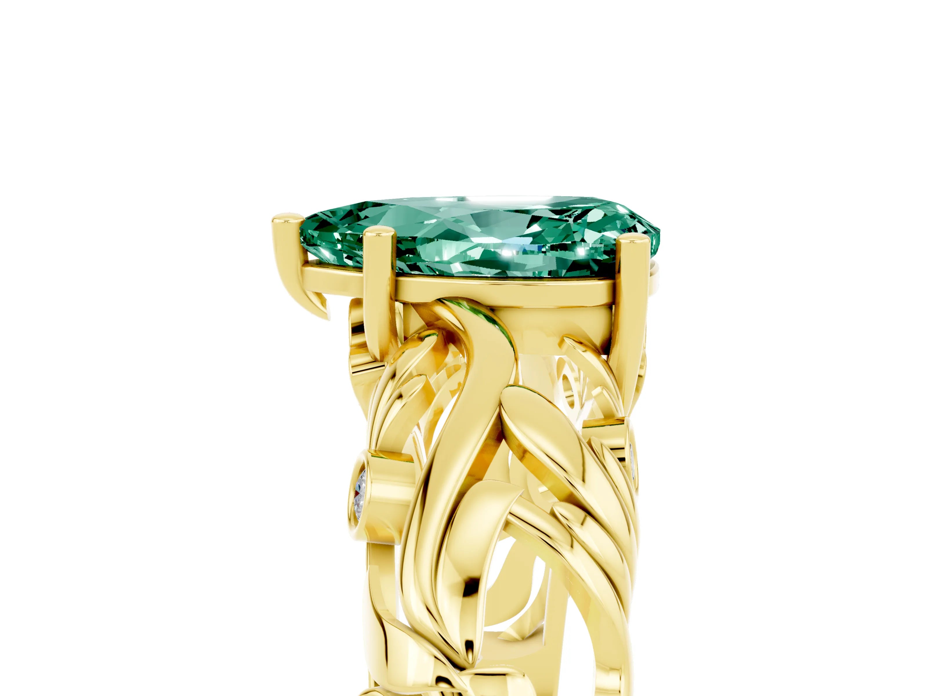 Yellow gold Pear Cut Solitaire Green Sapphire Leaf-Inspired Vine Band Ring with Prong Setting_5