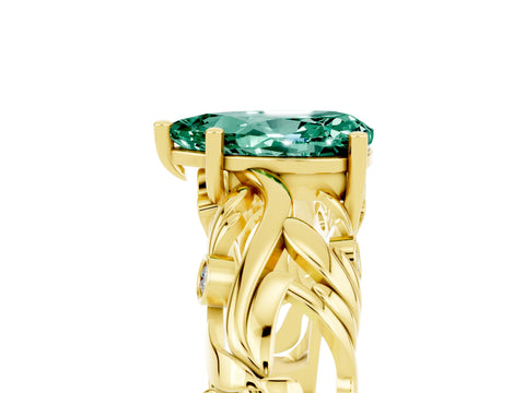 Yellow gold Pear Cut Solitaire Green Sapphire Leaf-Inspired Vine Band Ring with Prong Setting_5