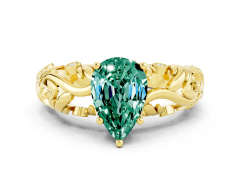 Yellow gold Pear Cut Solitaire Green Sapphire Leaf-Inspired Vine Band Ring with Prong Setting