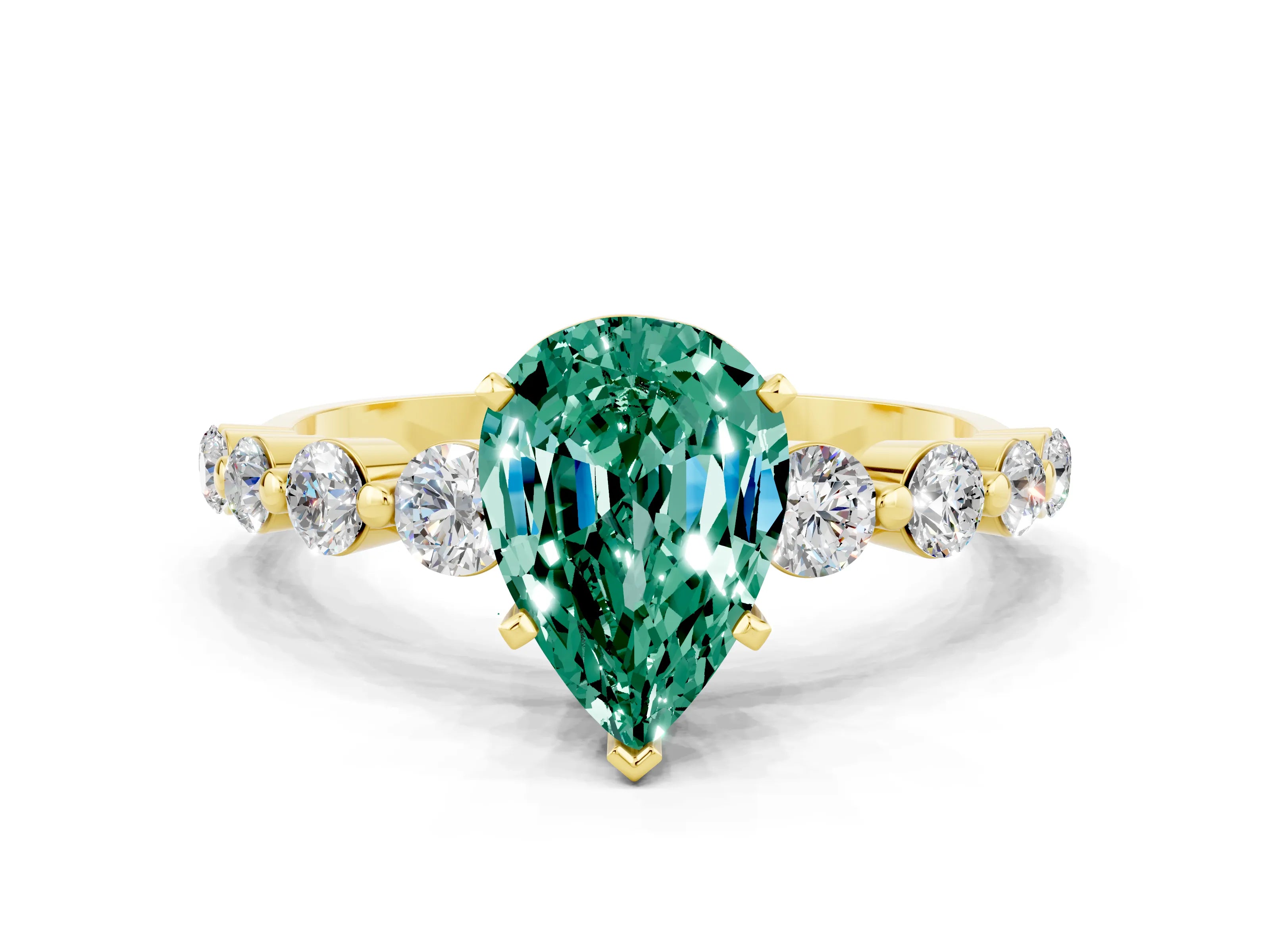 Yellow gold Pear Cut Solitaire Green Sapphire Ring with Pave Band and Four-Prong Setting