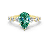 Yellow gold Pear Cut Solitaire Green Sapphire Ring with Pave Band and Four-Prong Setting