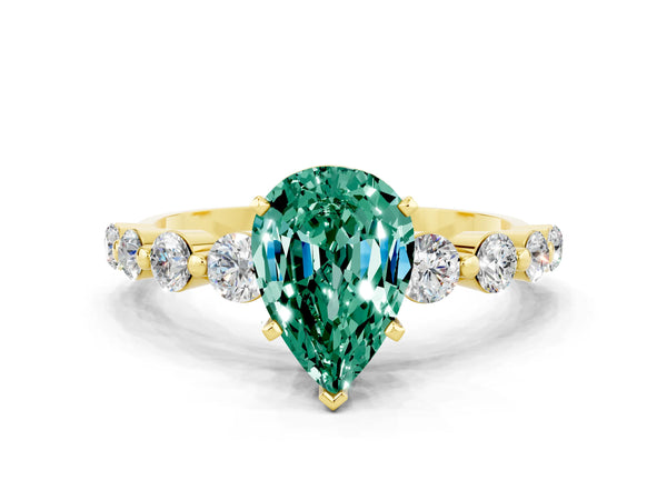 Yellow gold Pear Cut Solitaire Green Sapphire Ring with Pave Band and Four-Prong Setting