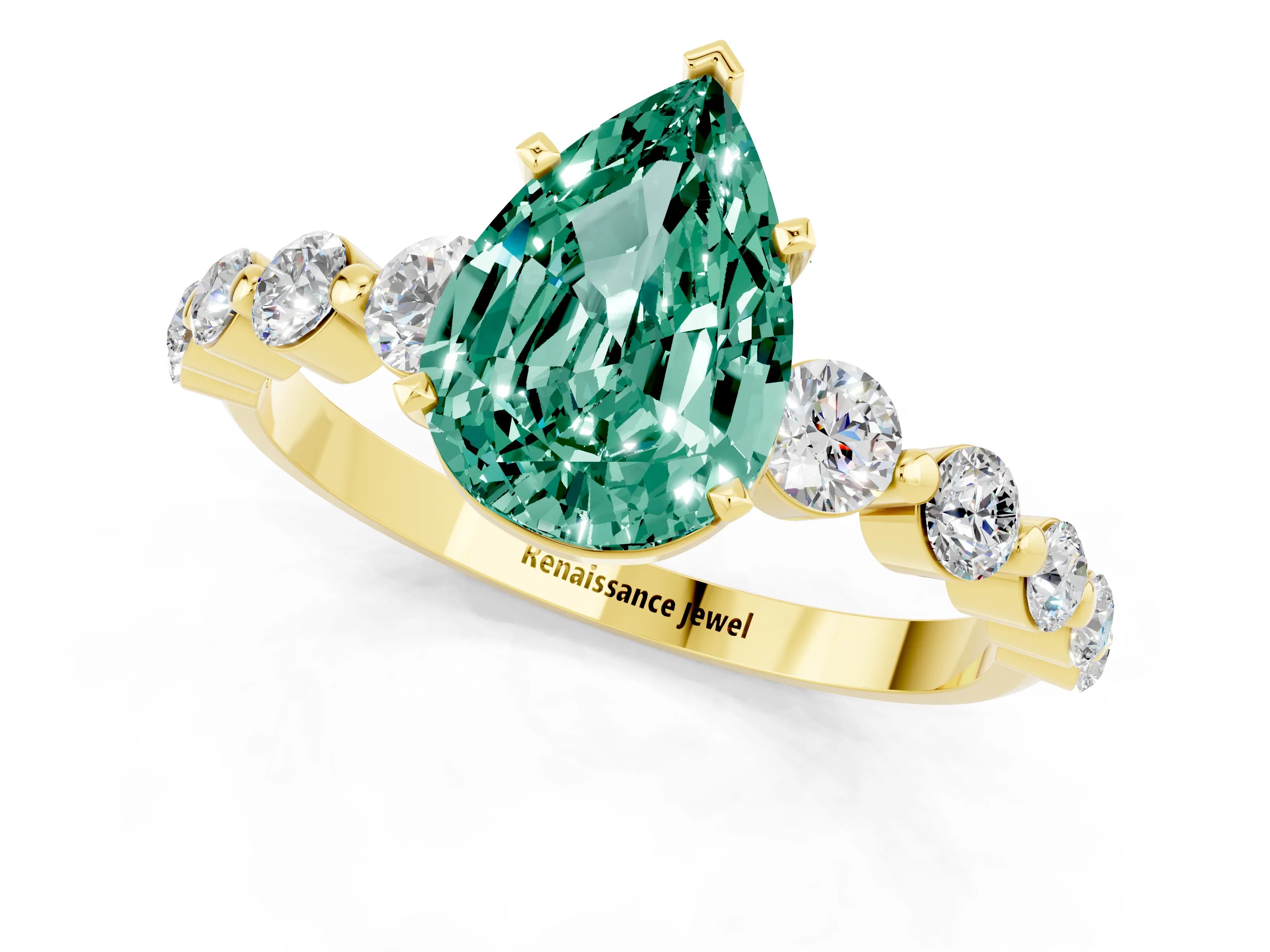 Yellow gold Pear Cut Solitaire Green Sapphire Ring with Pave Band and Four-Prong Setting_1