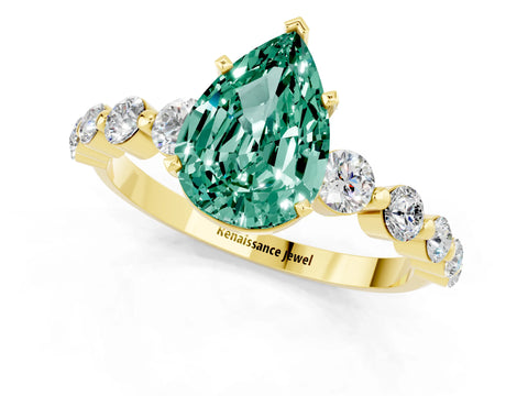 Yellow gold Pear Cut Solitaire Green Sapphire Ring with Pave Band and Four-Prong Setting_1