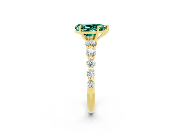 Yellow gold Pear Cut Solitaire Green Sapphire Ring with Pave Band and Four-Prong Setting