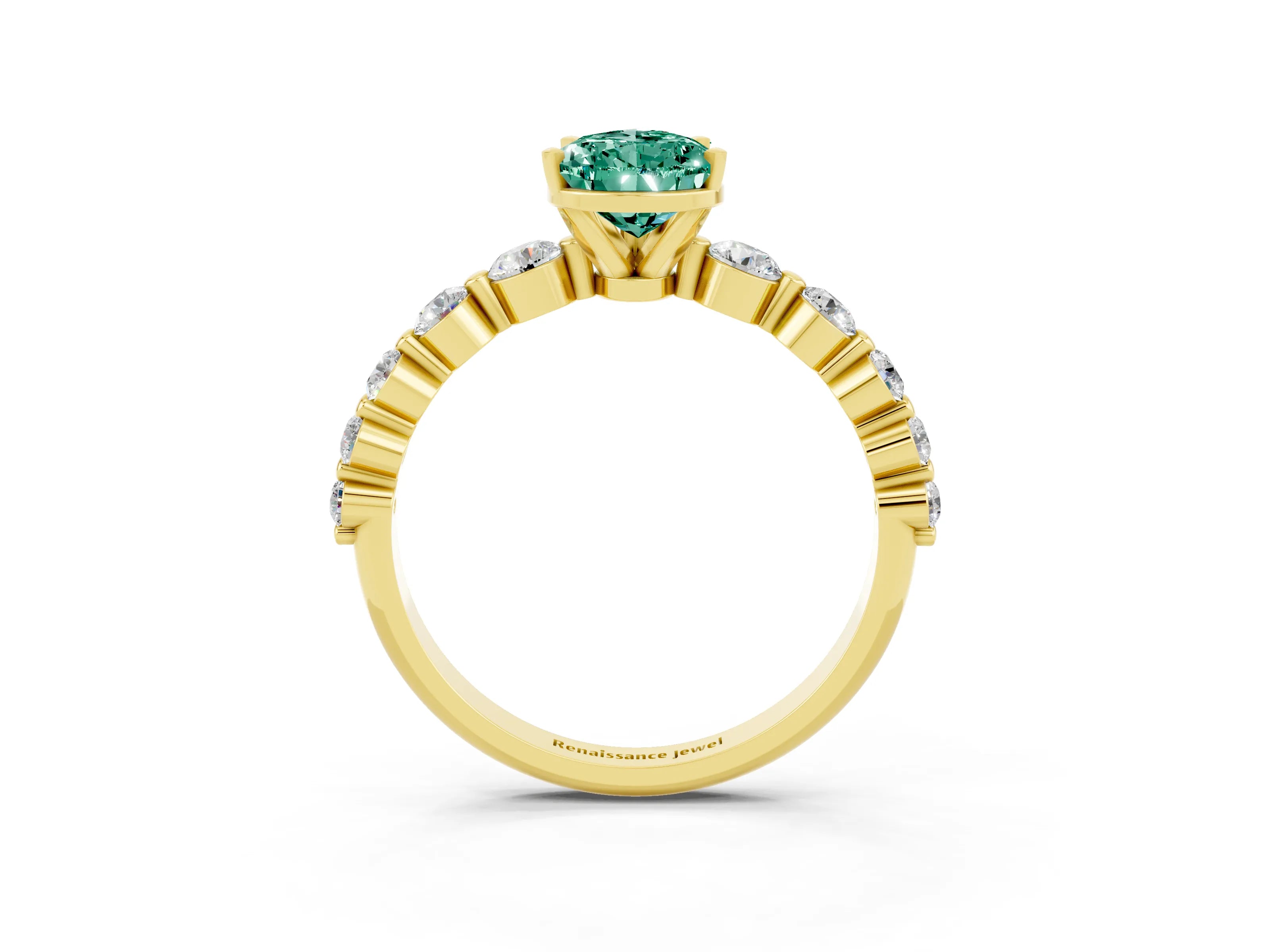 Yellow gold Pear Cut Solitaire Green Sapphire Ring with Pave Band and Four-Prong Setting_3