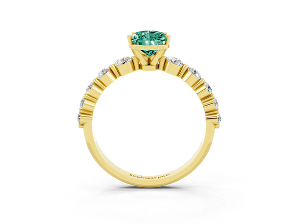 Yellow gold Pear Cut Solitaire Green Sapphire Ring with Pave Band and Four-Prong Setting
