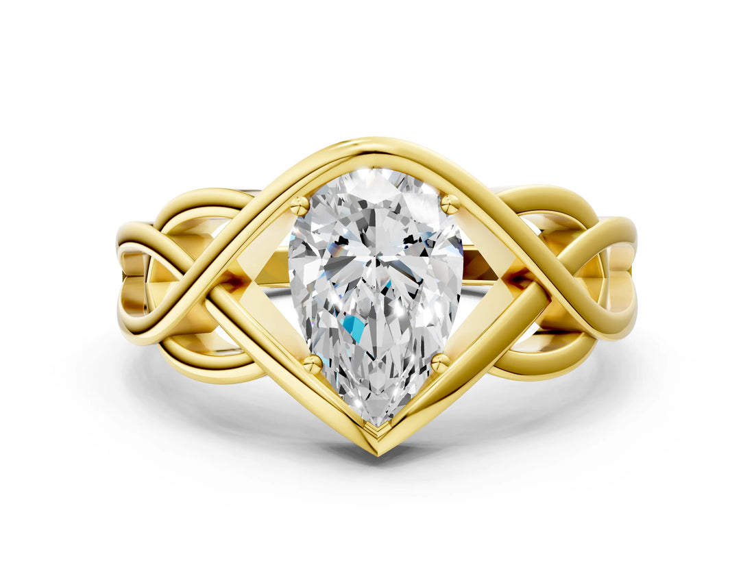 Yellow gold Pear Cut Solitaire Intertwined Band Prong Setting Ring_10
