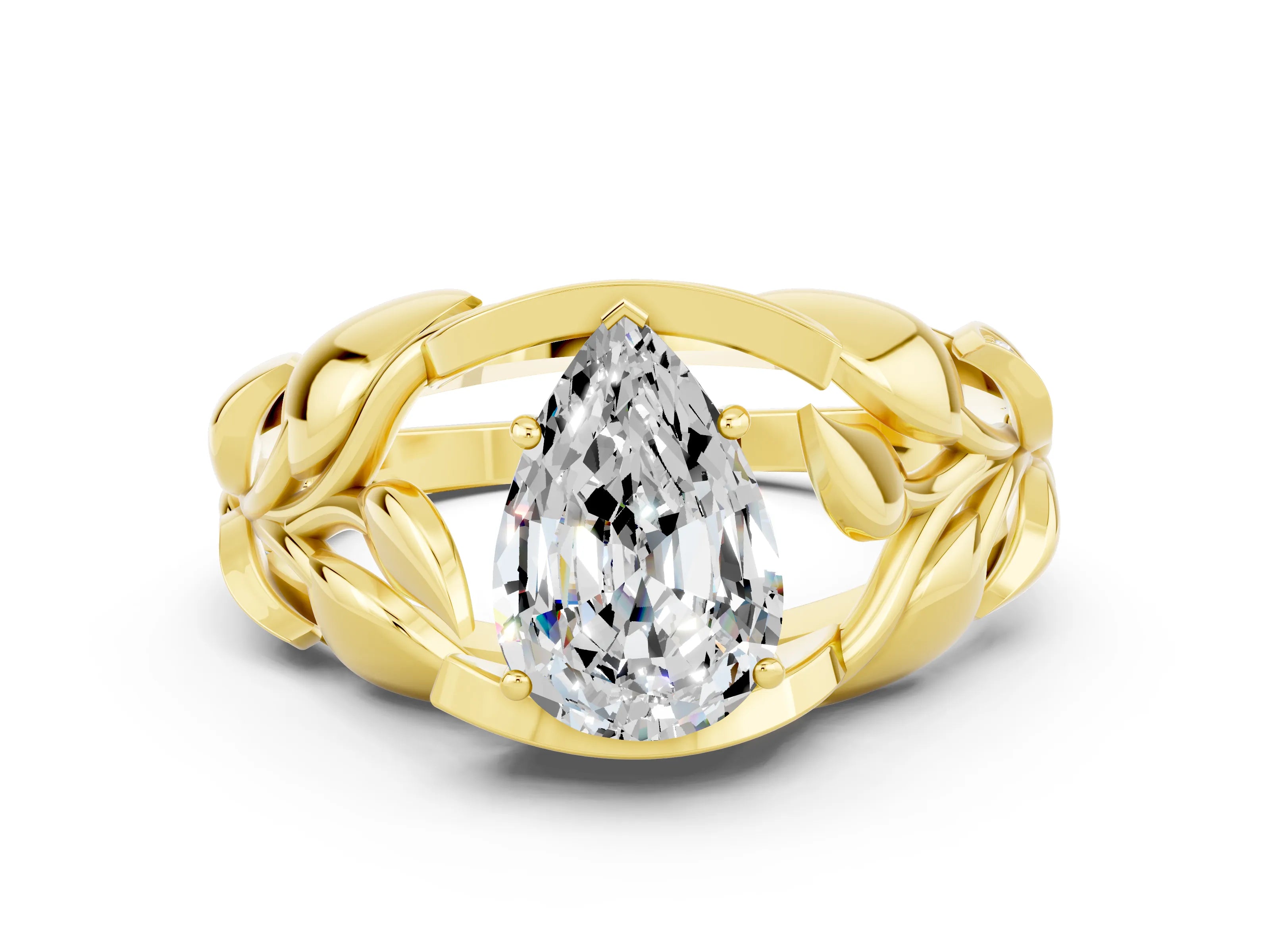Yellow gold Pear Cut Solitaire Leaf-Inspired Engagement Ring with Prong Setting