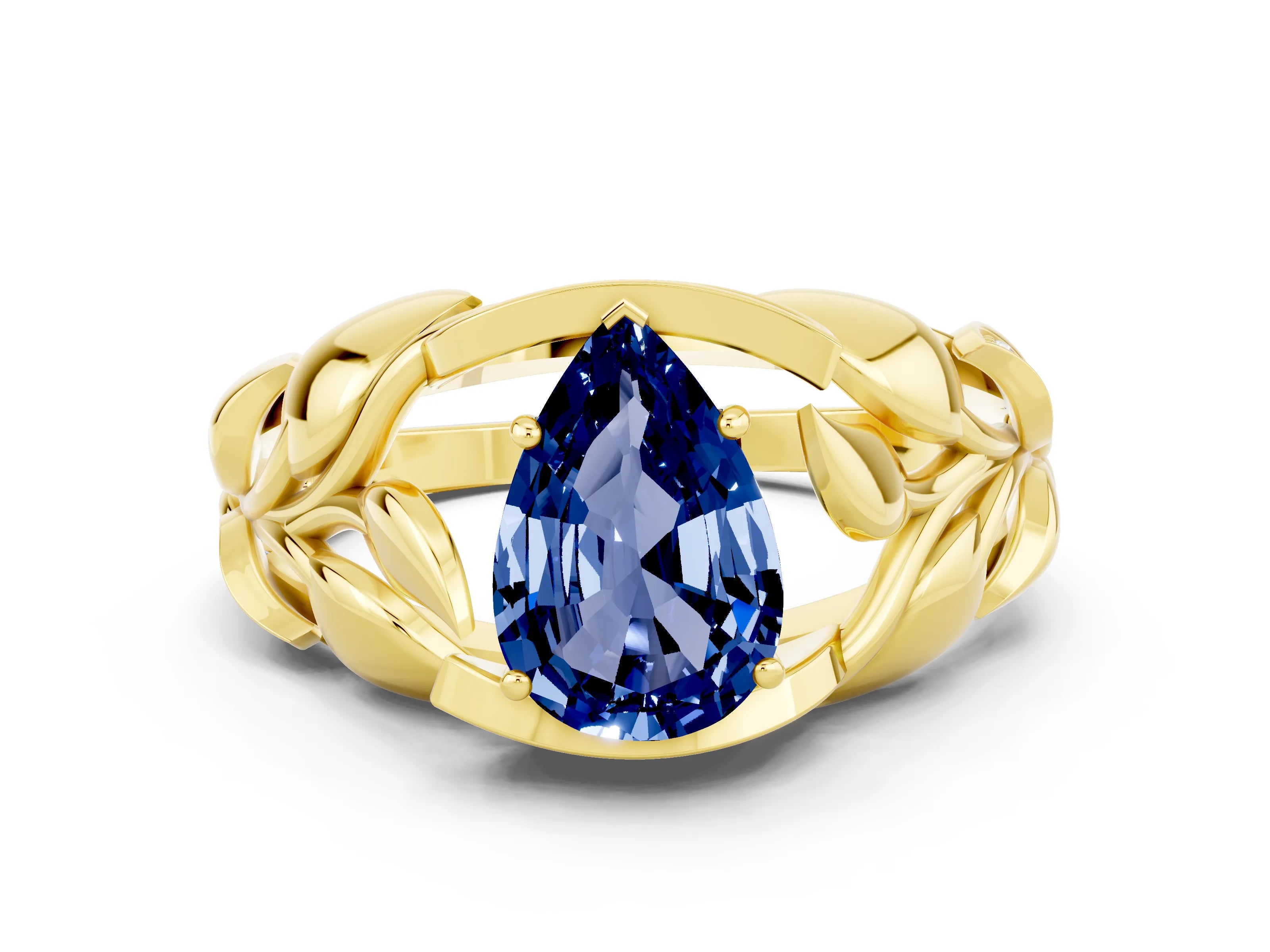 Yellow gold Pear Cut Solitaire Leaf-Inspired Engagement Ring with Prong Setting