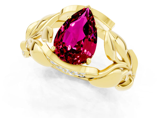 Yellow gold Pear Cut Garnet Leaf-Inspired Engagement Ring with Round Accents and Prong Setting