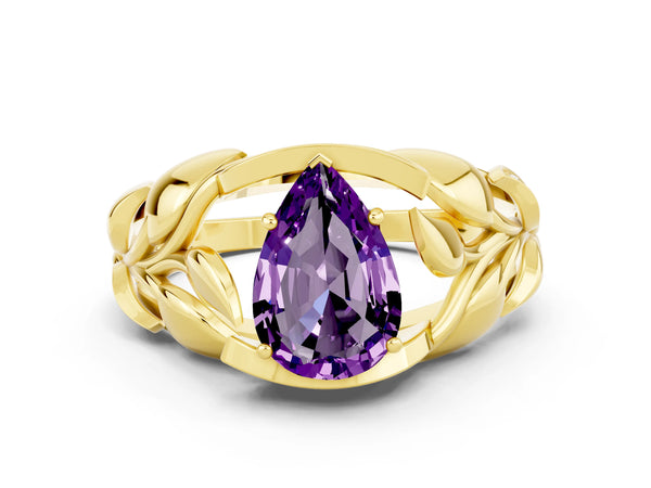 Yellow gold Pear Cut Amethyst Leaf-Inspired Engagement Ring with Round Accents and Prong Setting