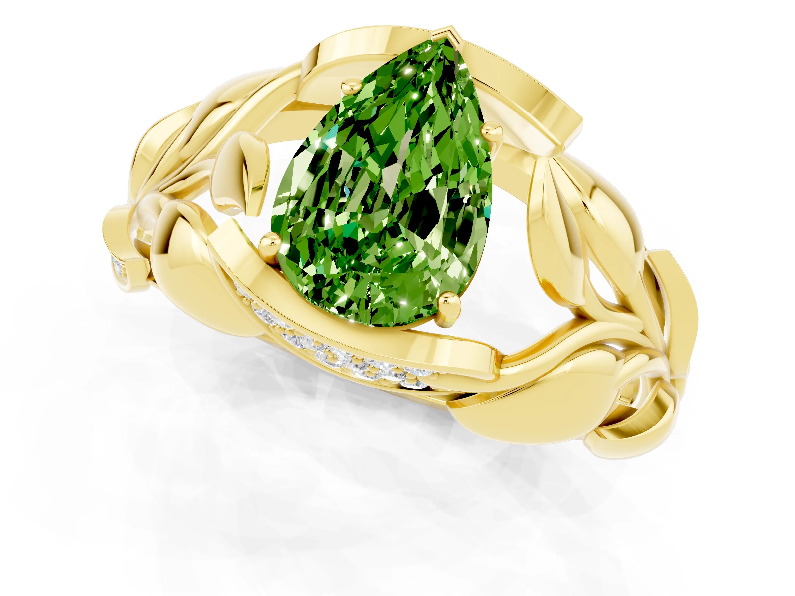 Yellow gold Pear Cut Solitaire Leaf-Inspired Engagement Ring with Prong Setting_1