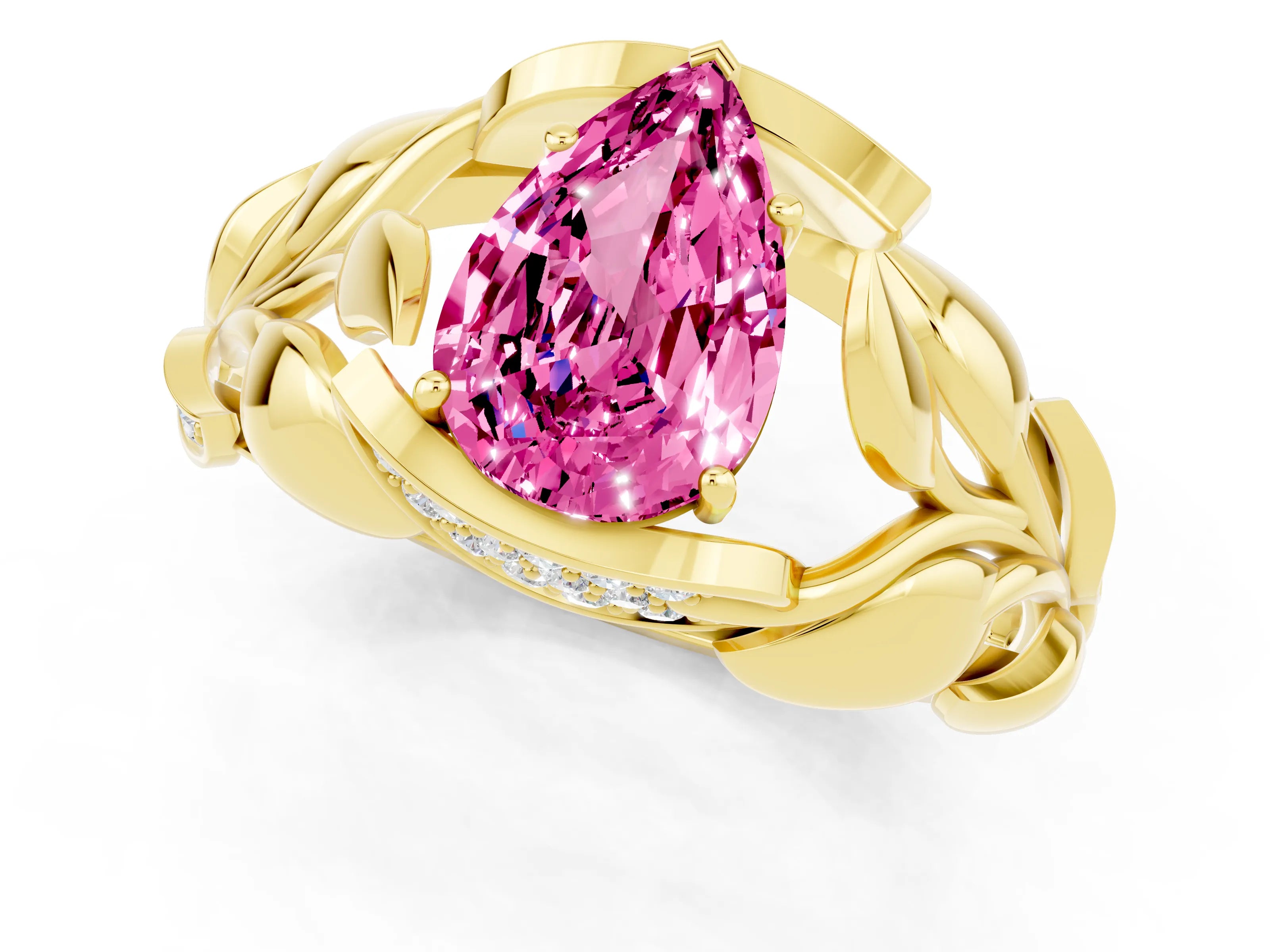 Yellow gold Pear Cut Solitaire Leaf-Inspired Engagement Ring with Prong Setting_1