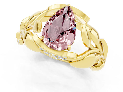 Yellow gold Pear Cut Solitaire Leaf-Inspired Engagement Ring with Prong Setting_1