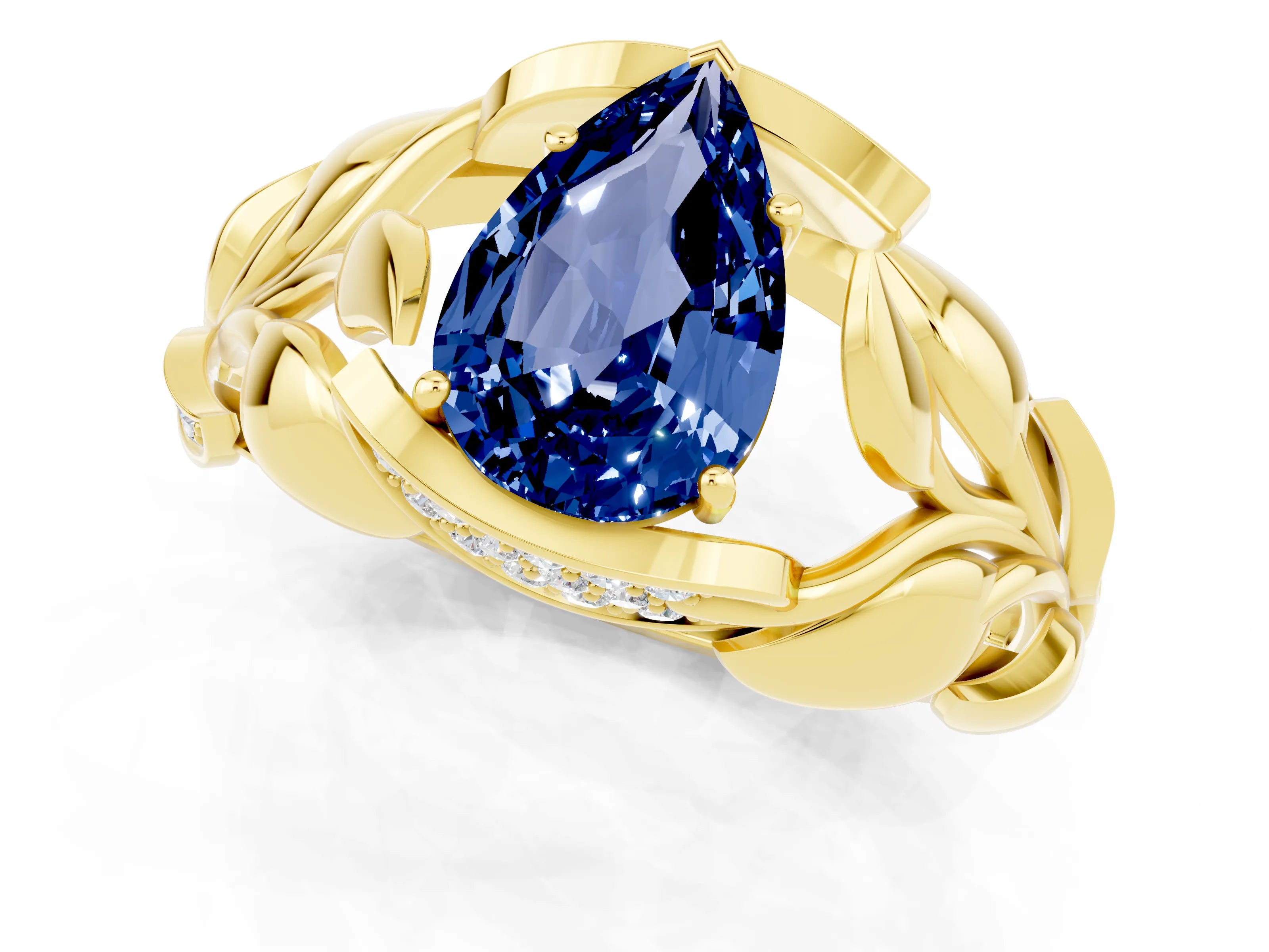 Yellow gold Pear Cut Solitaire Leaf-Inspired Engagement Ring with Prong Setting_1