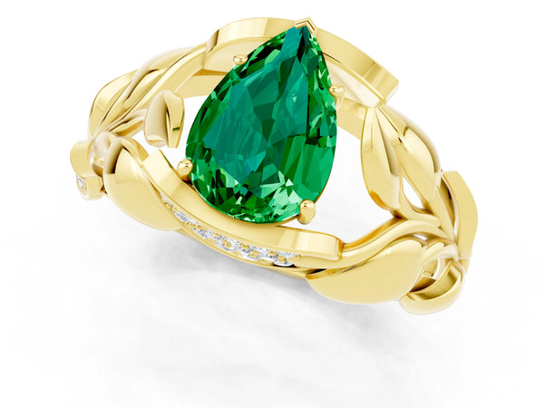 Yellow gold Pear Cut Emerald Leaf-Inspired Engagement Ring with Round Accents and Prong Setting