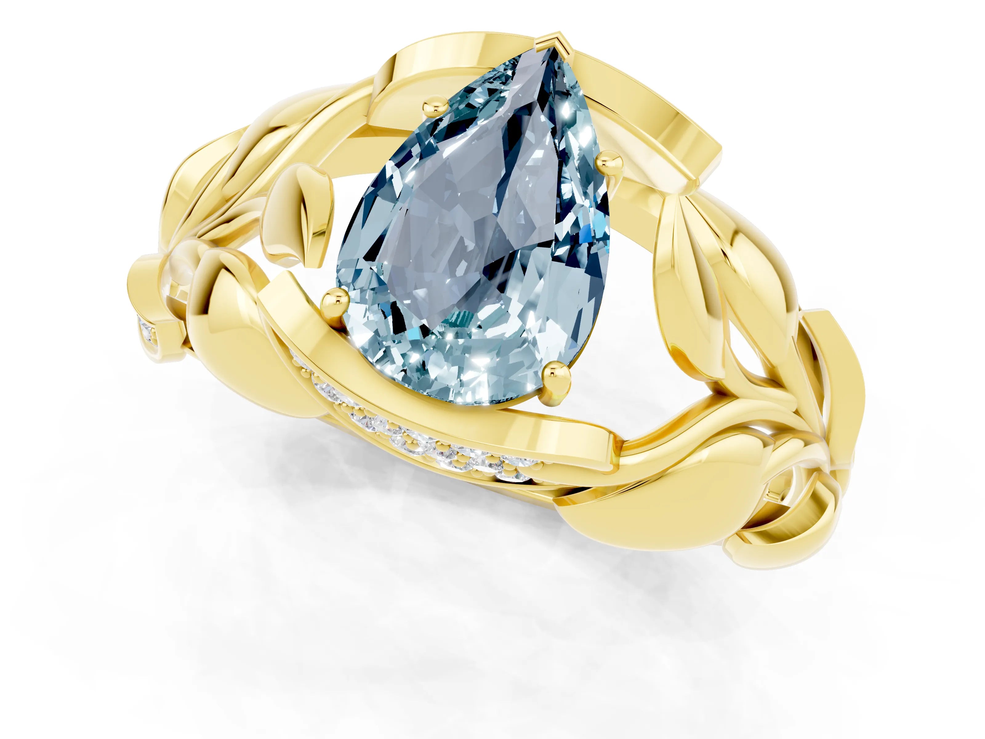 Yellow gold Pear Cut Solitaire Leaf-Inspired Engagement Ring with Prong Setting_1