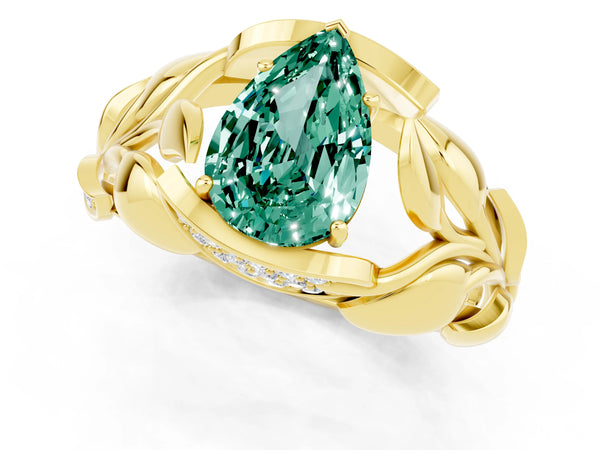 Yellow gold Pear Cut Green Sapphire Leaf-Inspired Engagement Ring with Round Accents and Prong Setting
