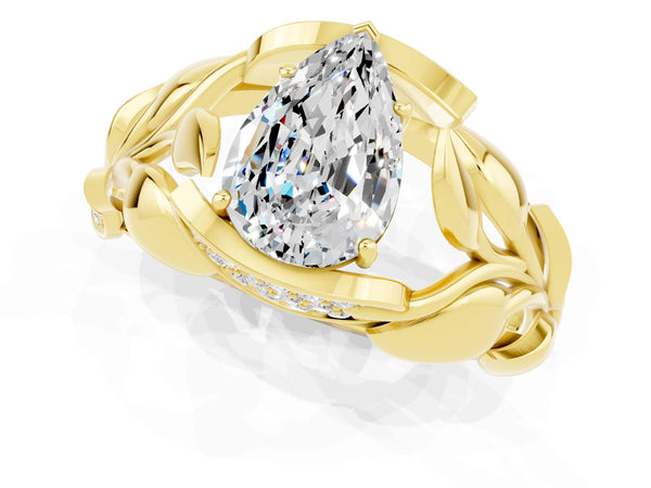 Yellow gold Pear Cut Moissanite Leaf-Inspired Engagement Ring with Round Accents and Prong Setting