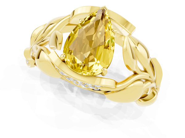 Yellow gold Pear Cut Yellow Sapphire Leaf-Inspired Engagement Ring with Round Accents and Prong Setting