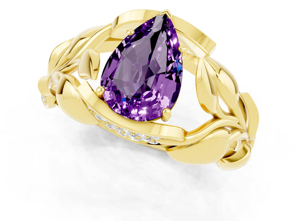Yellow gold Pear Cut Amethyst Leaf-Inspired Engagement Ring with Round Accents and Prong Setting