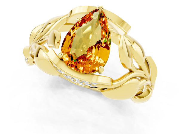 Yellow gold Pear Cut Citrine Leaf-Inspired Engagement Ring with Round Accents and Prong Setting