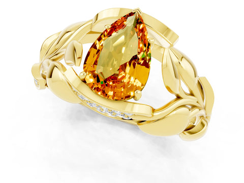 Yellow gold Pear Cut Solitaire Leaf-Inspired Engagement Ring with Prong Setting_1