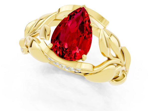 Yellow gold Pear Cut Ruby Leaf-Inspired Engagement Ring with Round Accents and Prong Setting
