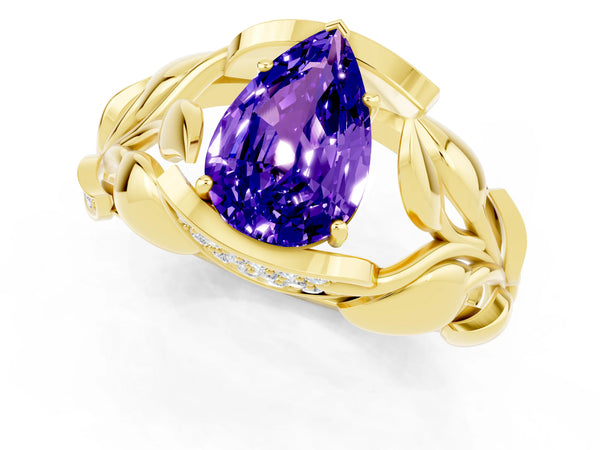 Yellow gold Pear Cut Tanzanite Leaf-Inspired Engagement Ring with Round Accents and Prong Setting